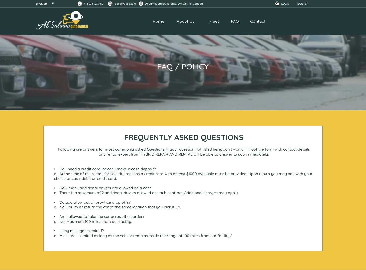 Car rental website FAQ page built with self managed CMS