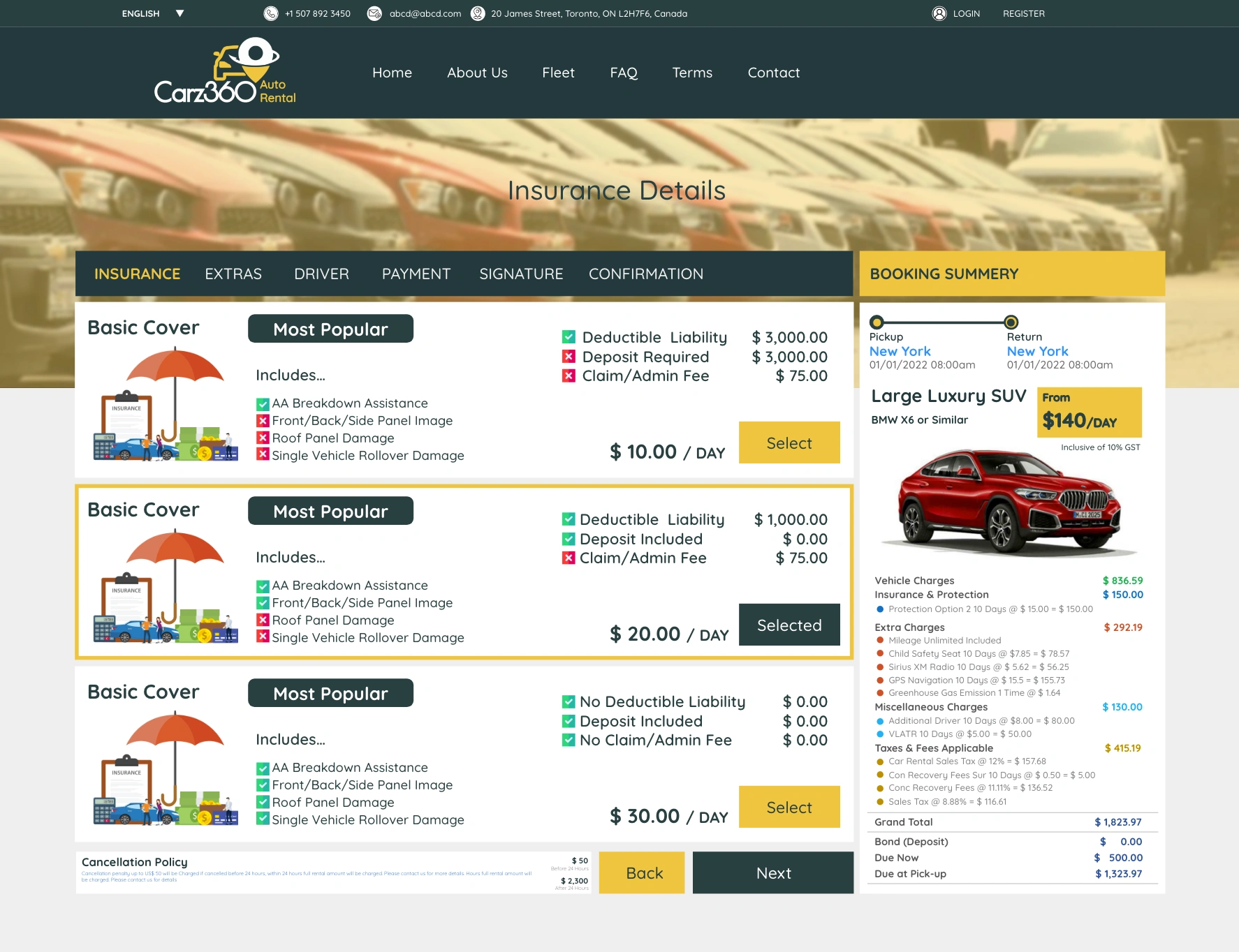 online car rental booking insurance step