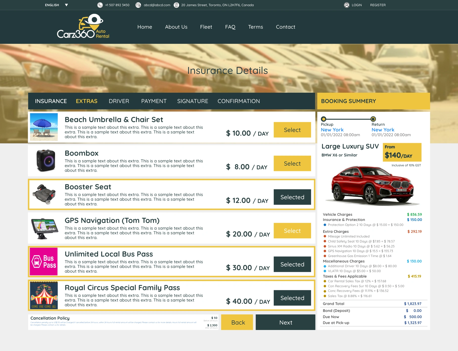 car rental booking system with insurance and extras options