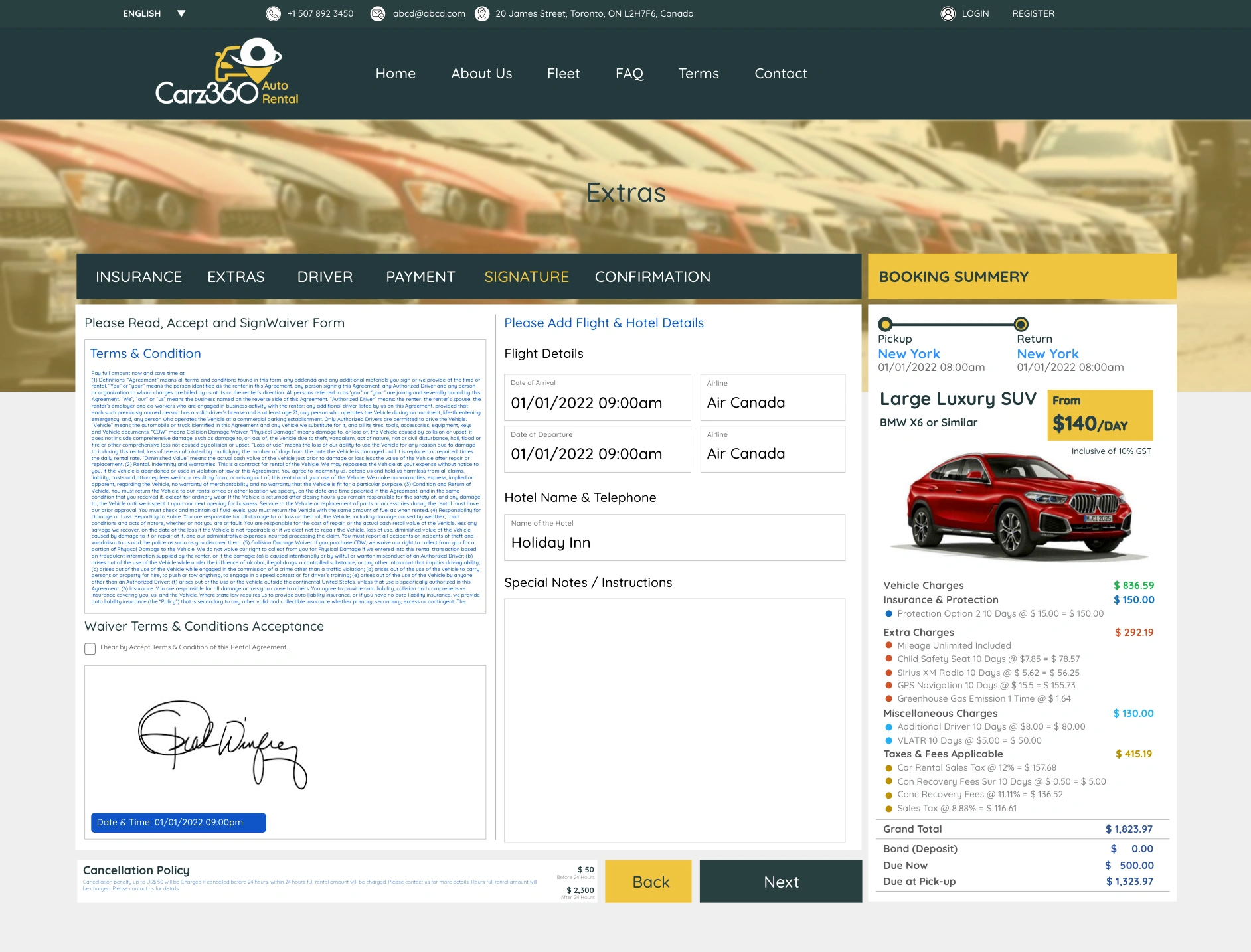 car rental booking checkout with extras and digital signature